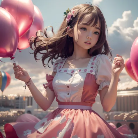 There was a girl in a dress holding a bunch of balloons, Kawaii realistic portrait, Realistic anime 3 D style, Guviz-style artwo...