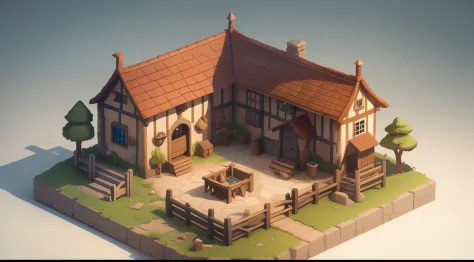 isometric diorama, leveldesign, computer game, medieval village, cute, overexaggerated, chibi town