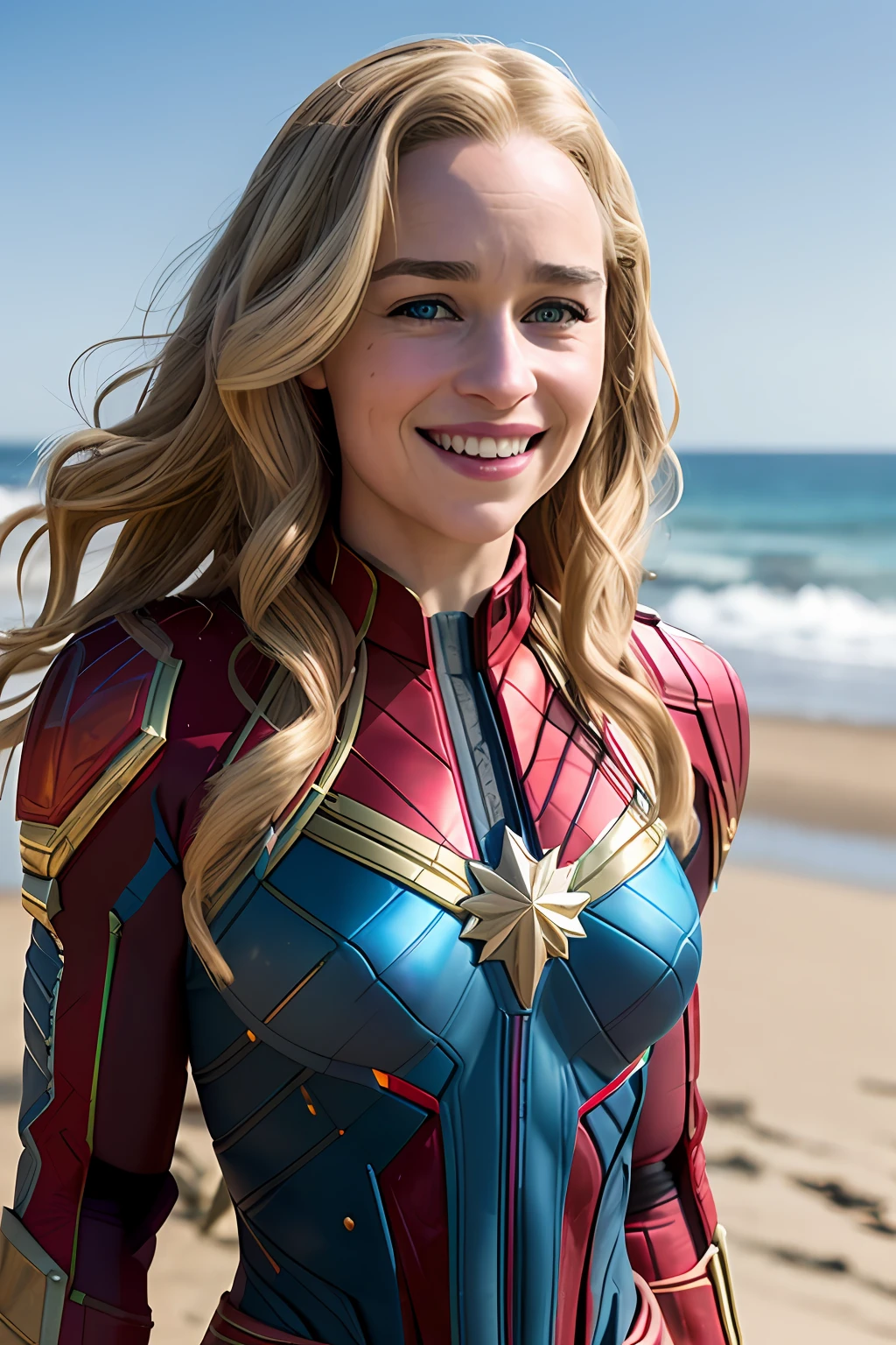 sexy Emilia Clarke as the  captain marvel, cleverage, smiling, beach, bikini captain marvel suit, soft lighting, dynamic angle, realistic lighting, smiling, happy, background at scene from the wonder-woman movie,, photo by Brooke DiDonato, (natural skin texture, hyperrealism, soft light, sharp:1.2), (intricate details:1.12), hdr masterpiece, best quality, (highly detailed photo:1.1), 8k, photorealistic ,(SFW)