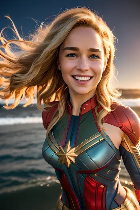 sexy emilia clarke as the  captain marvel, cleverage, smiling, beach, bikini captain marvel suit, soft lighting, dynamic angle, ...