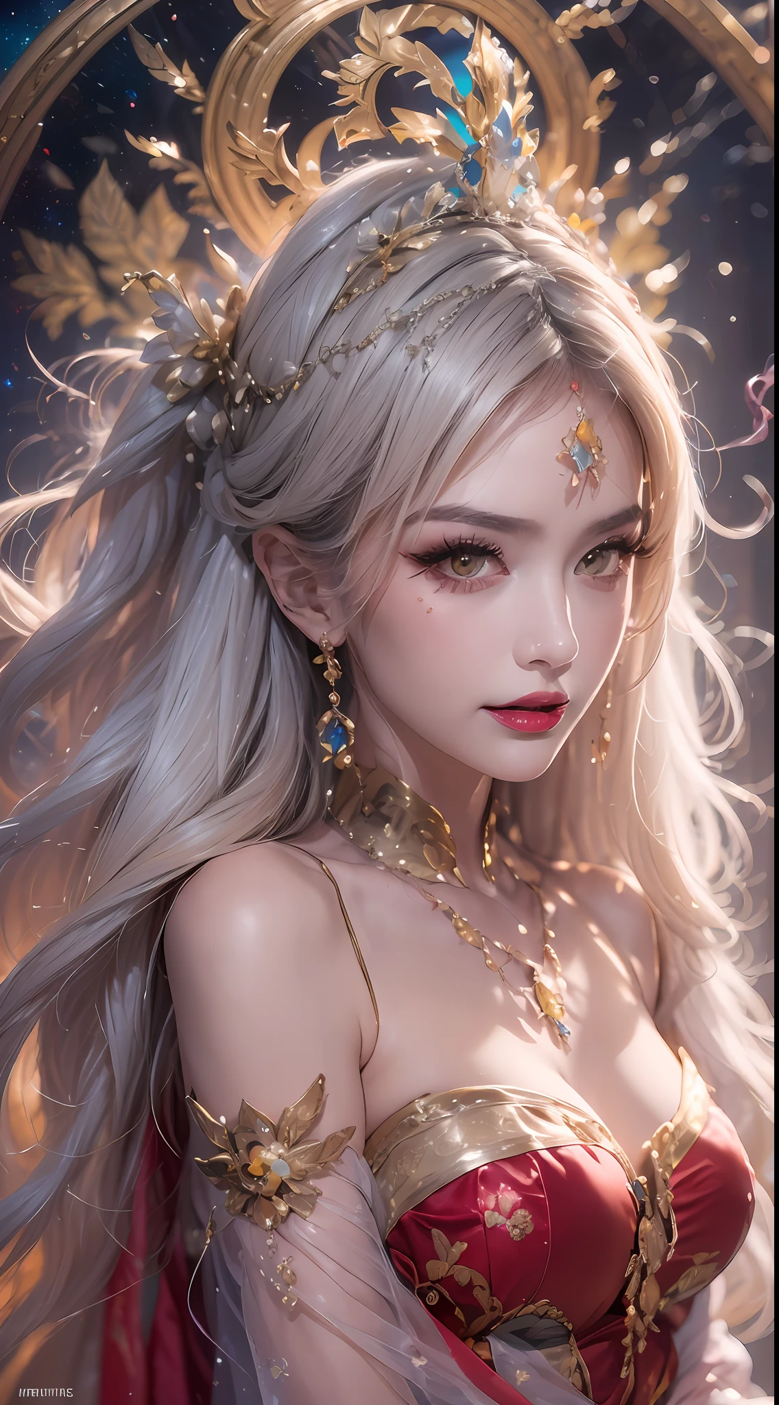 1 lustful beautiful saint, bare chest, beautiful face without blemishes, ((Natural smile:1.0)), ((flat bangs:1.2)), (((long hair): platinum :0.8 ))), big crown, hair brooch, hanfu dress, fanciful hanfu style, full body jewelry, forehead tattoo, super even chest, woman's face, delicate face makeup, mold pretty face, (((including porcelain teeth: 0.8), prettiest and details light red lipstick, huge breasts, super round and balanced, (((Full and thin lips: 0.3) )), ((Color) yellow eyes: 1,2), Detailed and delicate lighting effects, light and dark, light impression, magical light, detailed light, true color, super sharp, realistic, 8k quality, fanciful cosmic background, saintess and fantasy space, the most detailed image, ((Solo:0.3)), ((holy girl:0.6)), (( look at) straight to the saint's upper body female:0.4)), upper body, ((smooth skin:0.5)), ((solo:1.3)), ((( alone girl : 1.3)), saint portrait, short photo, Full portrait body, (((open mouth:0.6))),Digital Reality,((fanciful red smoke effect:1.2)),