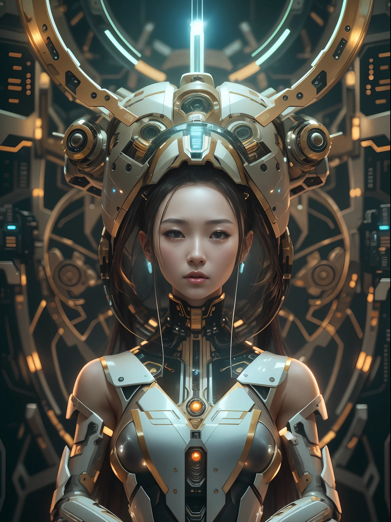 In this breathtaking 8K portrait photo, a beautiful cyborg robot girl in the style of "Goddess of Victory Nikke" captivates with intricate and elegant details. Her skin is formed by digital optical fiber, creating a mesmerizing effect under soft and volumetric lighting. This concept art by the talented artists Otomo Katsuhiro, Hyung-tae Kim, and Oshii Mamoru combines cyberpunk, sci-fi, and fantasy elements with smooth and sharp focus. The comic illustration style adds to the highly detailed and visually stunning portrayal of this futuristic character