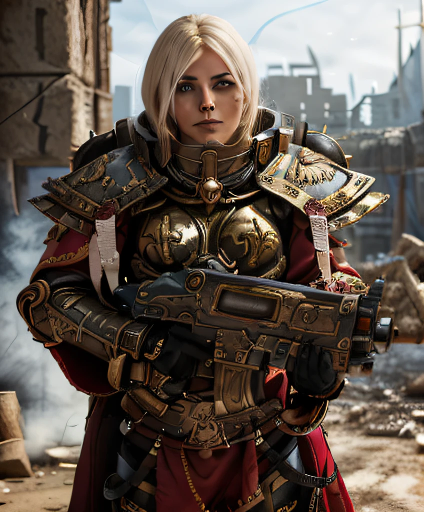 high quality photo of standing whsororitas with bolter in hands 1girl, flaming city ruins in background, dust and smoke, atmospheric lighting, polished gold metal, white paper scrolls with text, red wax seals, saturated colors, Charlise Terion face, star trek cinematic,warhammer 40k, beautiful face, detailed face