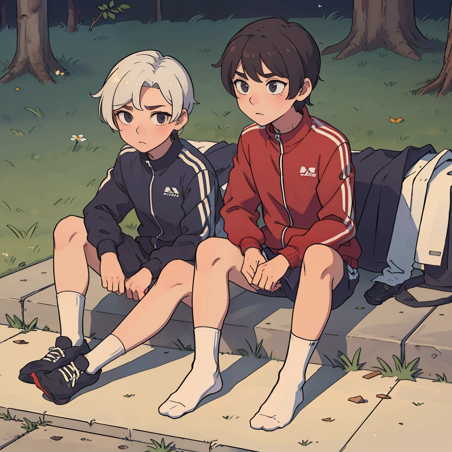 Shota， White  socks， sat on the ground， 2guys，track suit（rot， blanche）， tmasterpiece， k hd， without wearing shoes