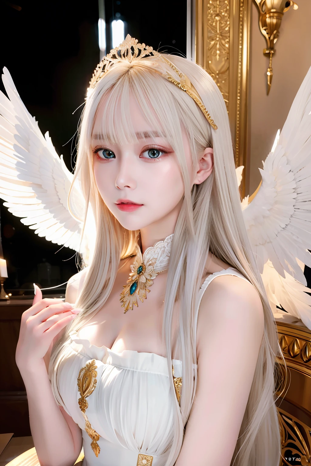 Masterpiece, Best quality, Ultra-detailed, illustration, Close-up, straight on, Face focus, 1girll, White hair, Golden eyes, Long hair, Halo, Angel wings, Serene expression, view the viewer