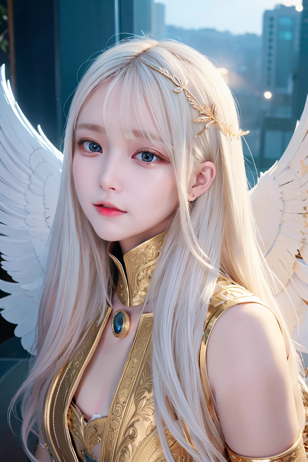 Masterpiece, Best quality, Ultra-detailed, illustration, Close-up, straight on, Face focus, 1girll, White hair, Golden eyes, Long hair, Halo, Angel wings, Serene expression, view the viewer