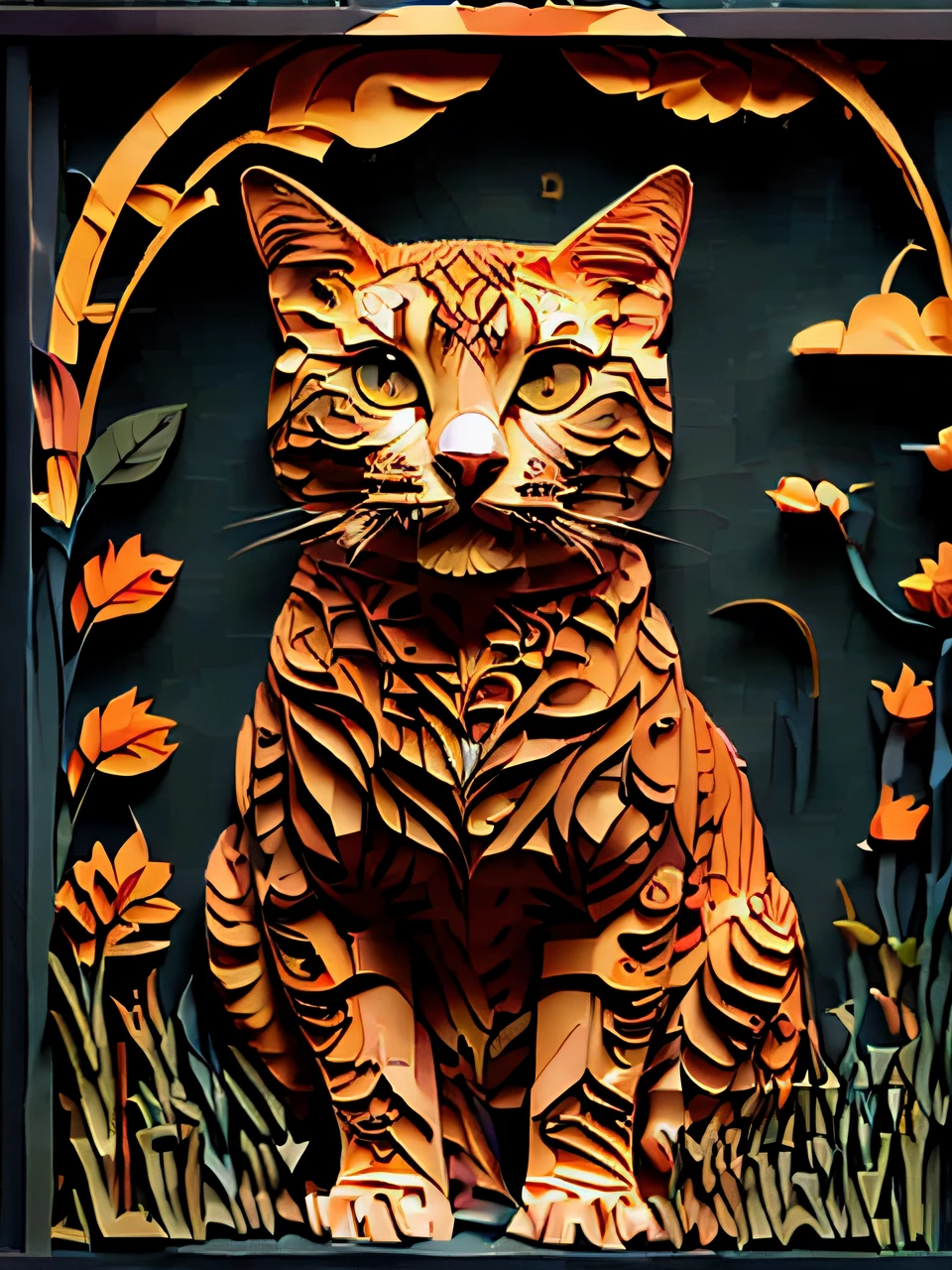 masterpiece, best quality,
RAW photo,cat, (high detailed skin:1.2), 8k uhd, dslr, soft lighting, high quality, film grain, Fujifilm XT3,
regal, fractal, 3d depth, intricate designs, delicate patterns, shadowbox frame, silhouette, kirigami, scherenschnitte,
jianzhi,