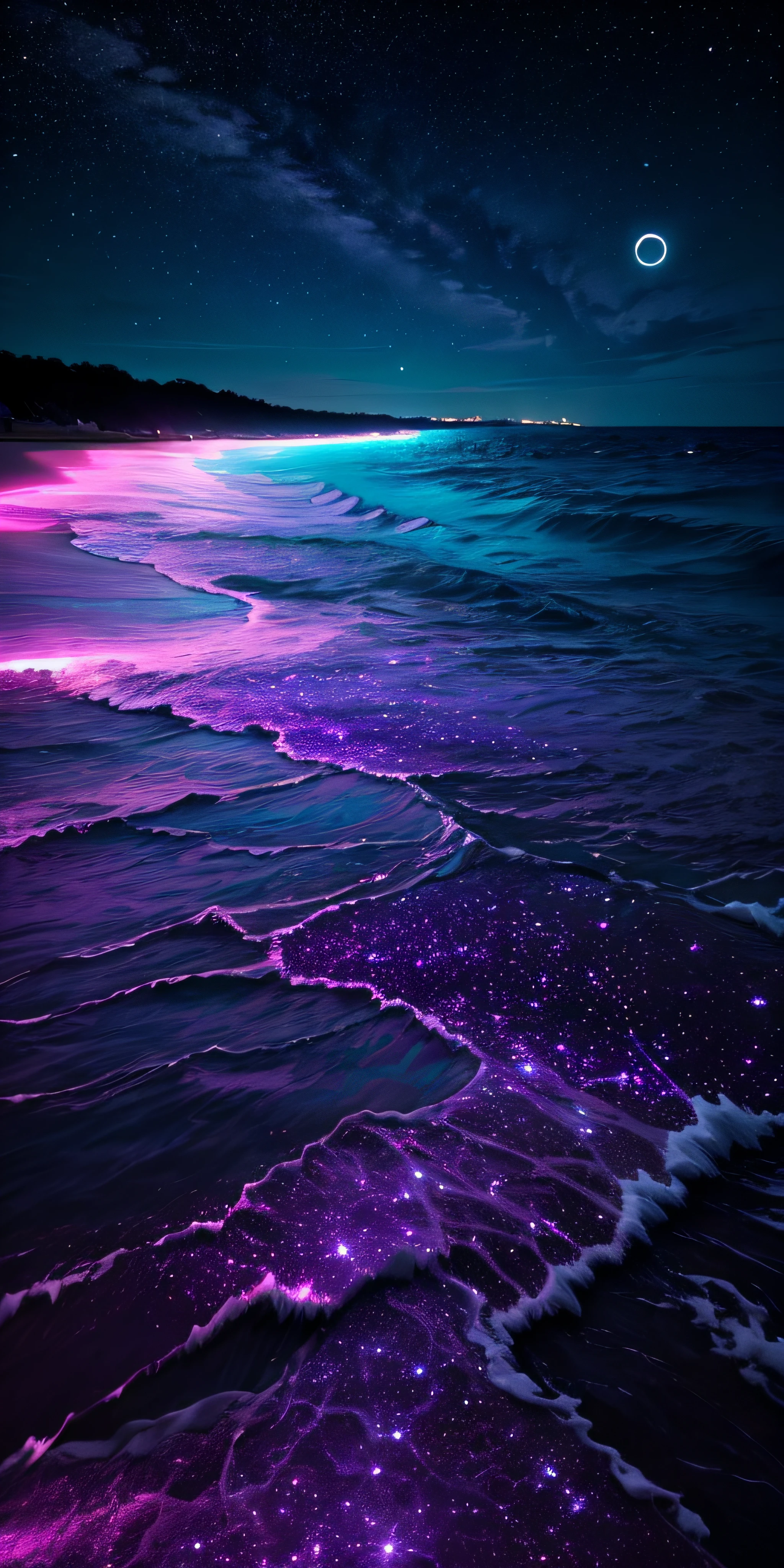 Purple and blue ocean waves and stars at night - SeaArt AI