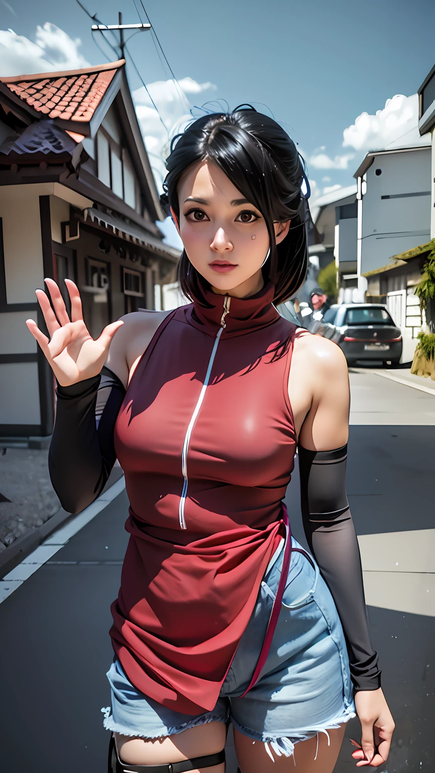 there is a woman in a red top and shorts posing for a picture, anime girl in real life, realistic cosplay, anime girl cosplay, anime cosplay, female protagonist 👀 :8, professional cosplay, full-cosplay, realistic anime 3 d style, as an anime character, hyper realistic anime, inspired by Leng Mei, realistic anime, badass anime 8 k