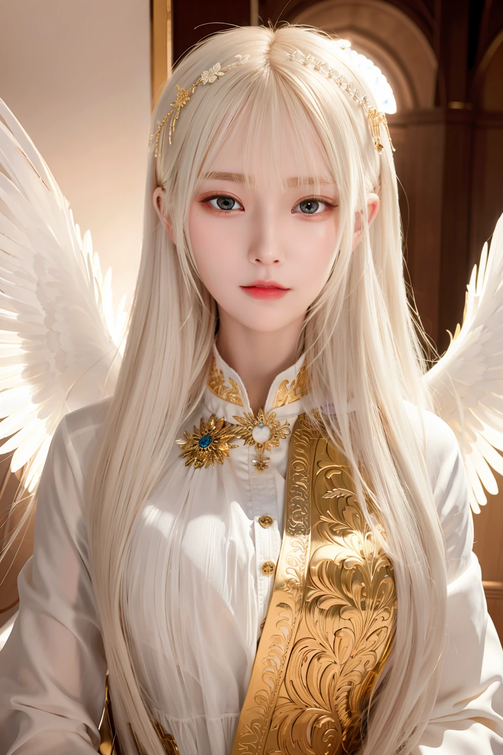 Masterpiece, Best quality, Ultra-detailed, illustration, Close-up, straight on, Face focus, 1girll, White hair, Golden eyes, Long hair, Halo, Angel wings, Serene expression, view the viewer