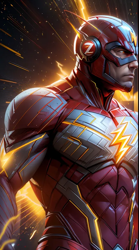 The Flash (Injustice 2), best quality, high resolution, tall, muscular, hunk, white plates and scarlet red neon suit, big glowin...