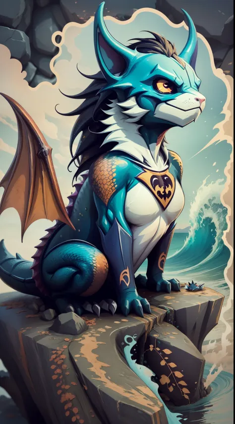 (Chinese batman dragon), magnificent batman dragon head close-up, cute and clever fun little dragon, lying on a huge stone, dragon head, game three views, cute anthropomorphic, rich in details: sharp claws, dragon horns, water waves and wind elements, stre...