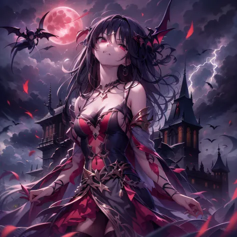gloomy castle, Hordes of armed angels surround the sky above the castle、Lightning clouds, Atmospheric lightning, Pink lightning, With thunderstorms, Dramatic purple lightning, Dark storm with lightning, Lightning in the sky,Rough skies、Female vampire looki...