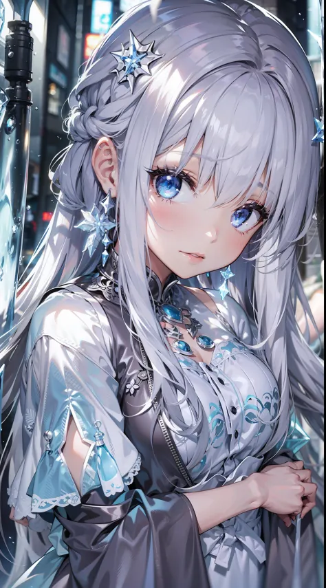 Top image quality　Original Characters、icy、Volume Lighting、Silver long hair、summer  dress、Tokyo Underground Labyrinth、Water chann...