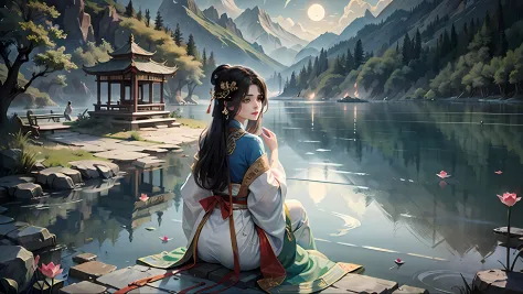 Chinese ancient style, in the pavilion by the lake, The woman, dressed in traditional Chinese traditional white hanfu, Woman sitting on a chair in the pavilion, Woman looking at the lake, In the background, a tall tower rises on the surface of the mountain...