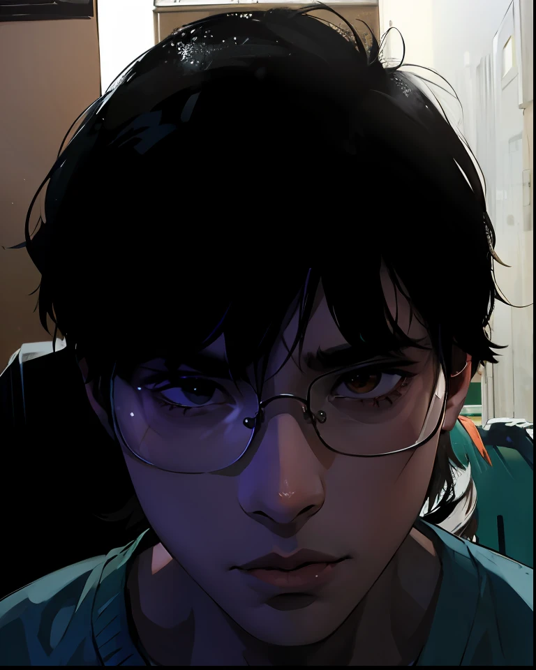 anime boy, brown skin, black wavy hair, brown eyes, glasses