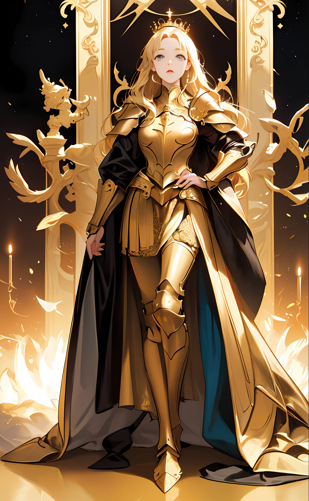 (hight resolution、​masterpiece、side lights、Beautiful Eyes of Details:1.2)、3D顔、realisitic、face perfect、Golden hair、Queen of Armor、s Armor、His Majesty the Emperor、Absolute monarch、dignity、awe、Black and Gold theme、full body Esbian