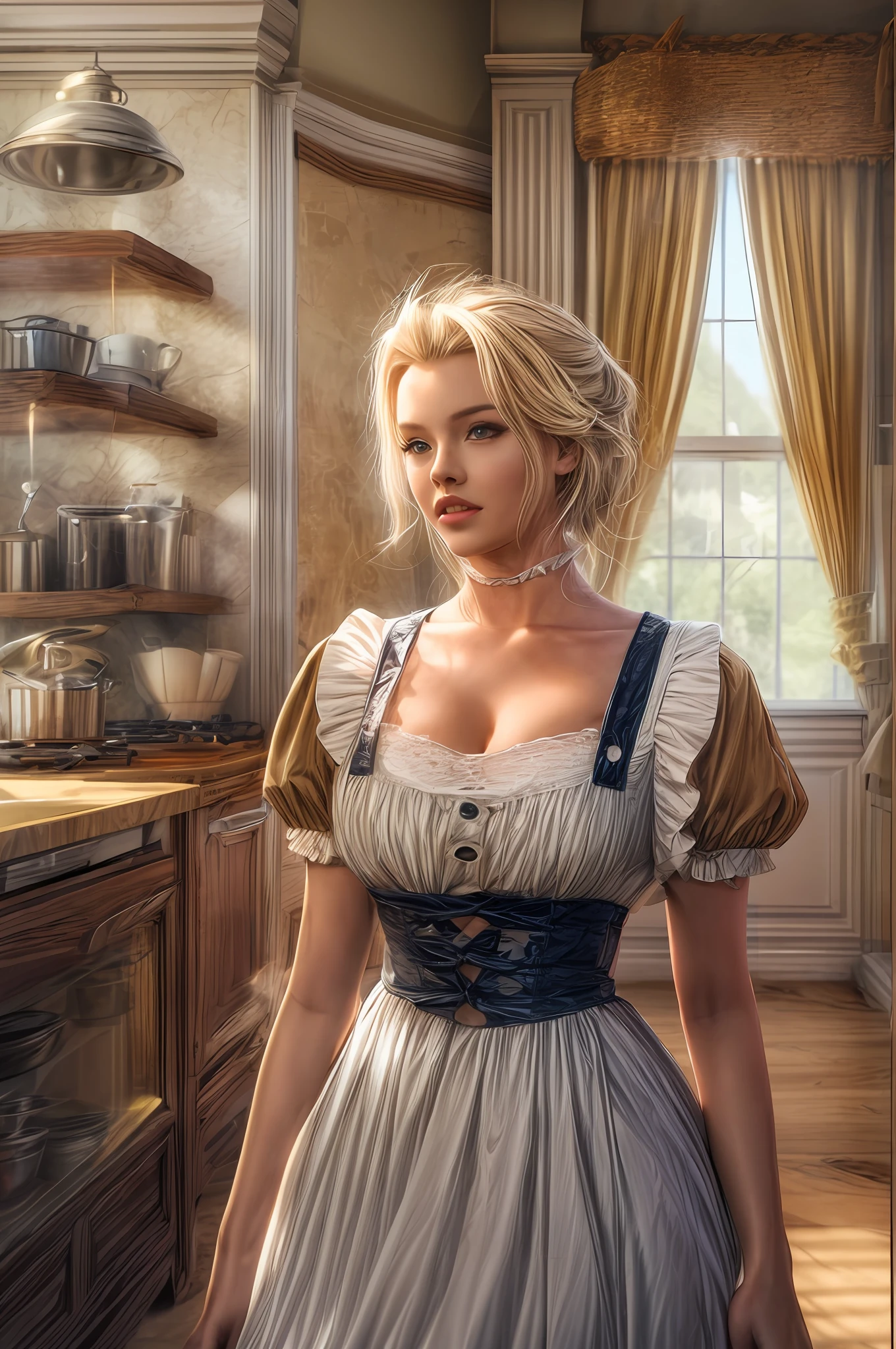 cute blond german maid full body photography,  photorealistic modern, in the style of ,  Artstation Deviant art Pinterest Cgsociety Behance Pixiv,  sunlight, ((victorian maid outfit)), very huge , cleavage, thick tighs, kitchen background, young face, smooth and pale skin, (marylin monroe haircut), blue eyes,  intricate scenery HDR post-processing 4k cinematic fine details very detailed trending on artstation