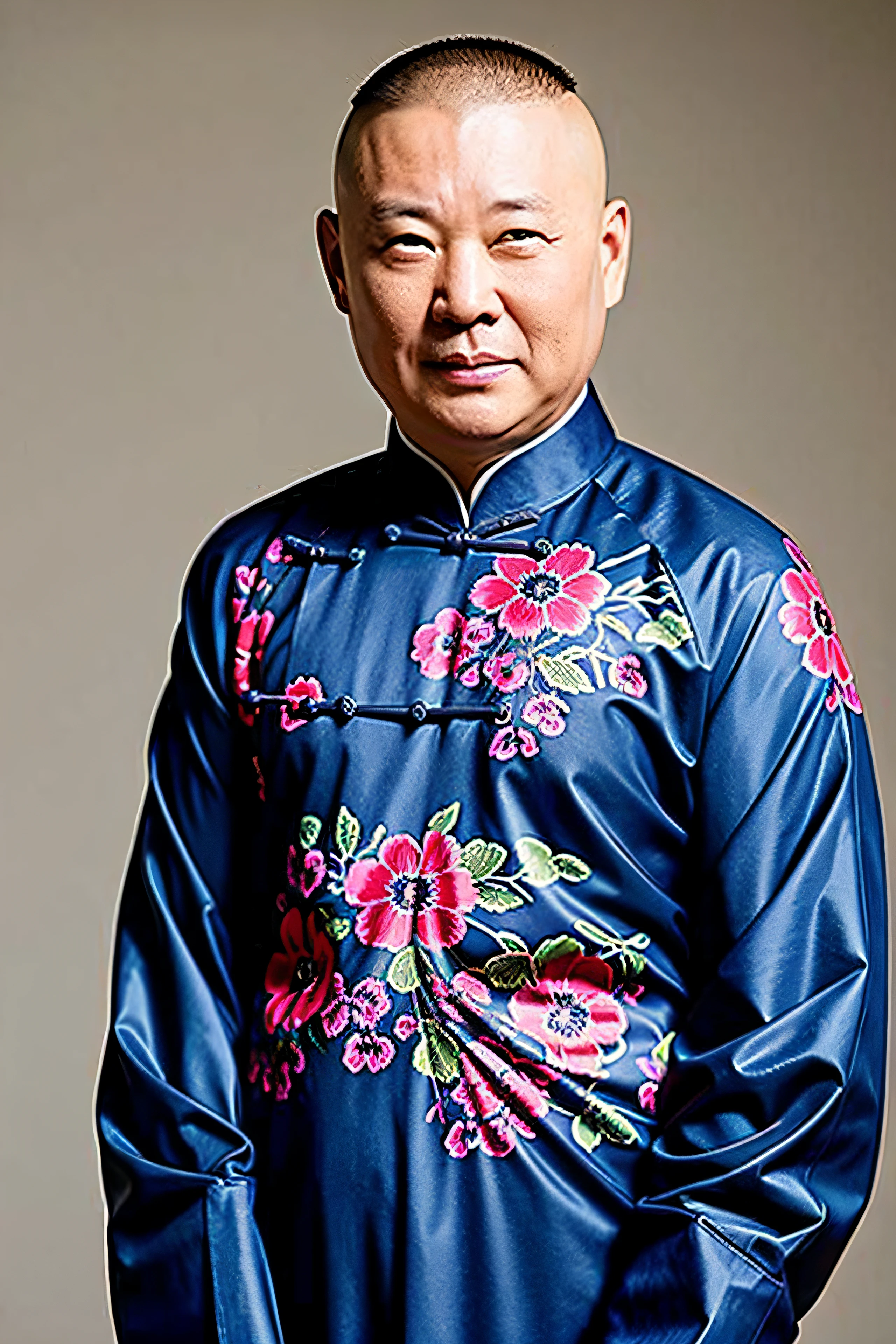 Best quality, super high resolution, (fidelity: 1.4), 1man, bald head, detailed eyes, upper body, peaceful, serious, kind, traditional Chinese clothing