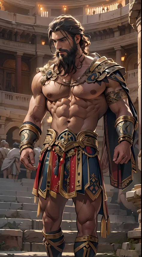 Muscular gladiator, upper body revealed, legs uncovered from thighs to feet, adorned with a beaded beard, flowing long curls, in...