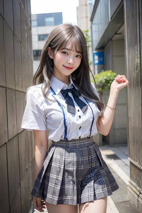 top-quality、超A high resolution、(Photorealsitic:1.4)、女の子1人、(Best Smile 2.0)、high-school uniform、(faded ash gray hair:1)、(huge-breasted:1.2)、