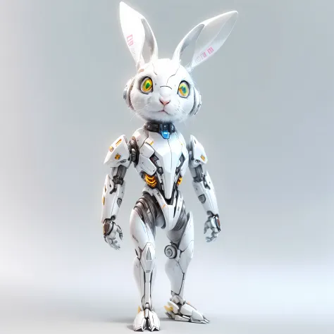 (anthropomorphism:1.5),(Full Body Shot), Cyberpunk, In the middle, 1 white rabbit mecha(Mechanical style white rabbit head,  Short stature, thin and weak), Standing on the legs, nobody, Dreamy Glow,  clean,white background,( Global illumination, raytracing...