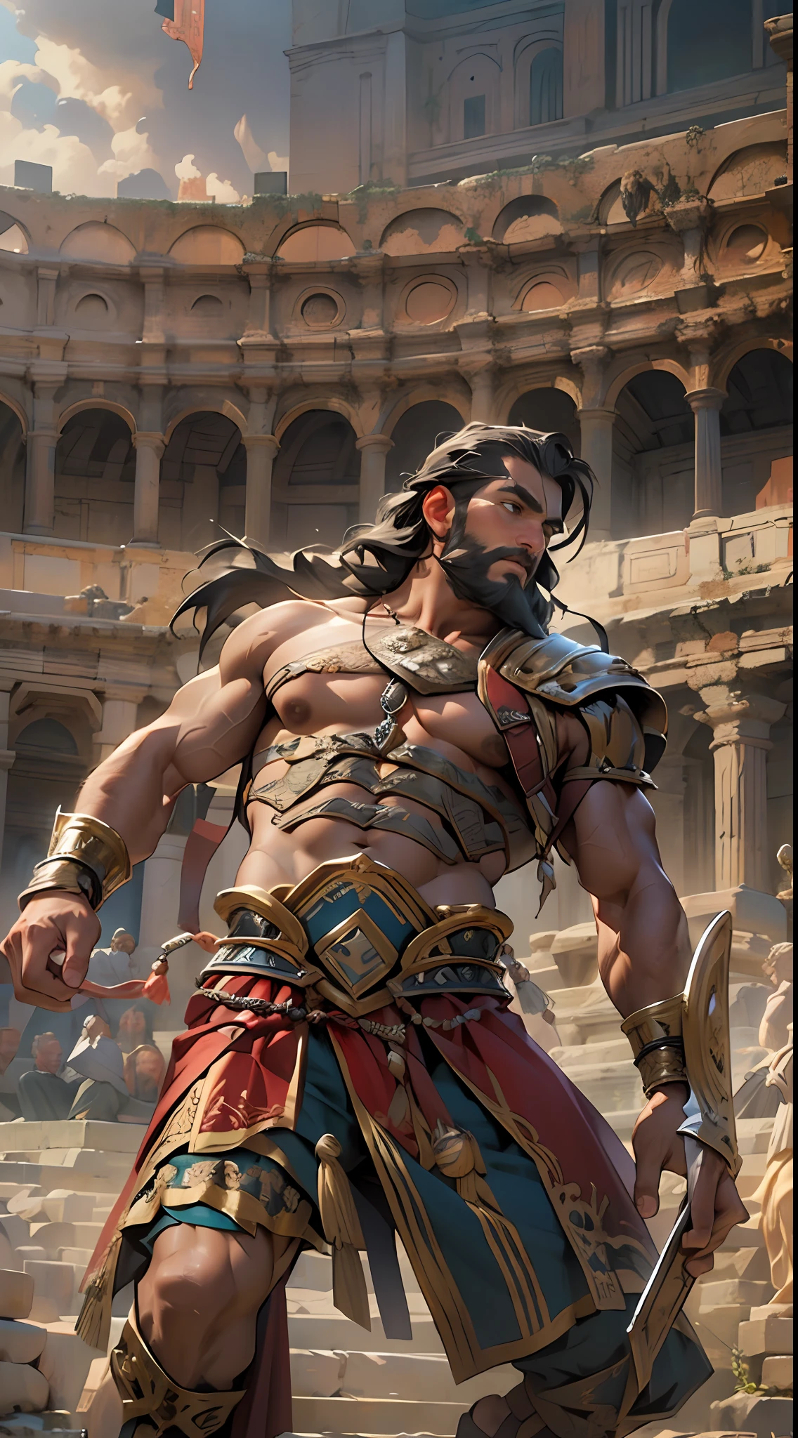 Muscular gladiator, upper body revealed, legs uncovered from thighs to feet, adorned with a beaded beard, flowing long curls, intricate muscular details, photorealistic artwork, 4K resolution. Background: Ancient Roman arena,32k uhd, best quality, masterpiece, super detail, high details