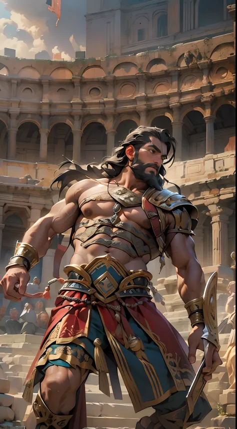Muscular gladiator, upper body revealed, legs uncovered from thighs to feet, adorned with a beaded beard, flowing long curls, in...
