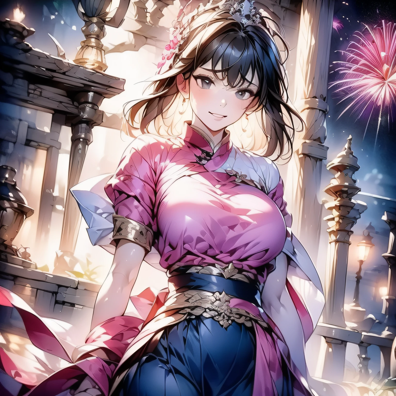 Blue short sleeves，Black tunic，，long  skirt，exquisitedetails，Perfect details，sideface，Pink shirt，short detailed hair，largeeyes，Black eyes，Sparkle，edge lit，long eyelasher，Based on physical rendering，adolable，Lateral face，with a round face，8K,8K high quality detailed art, Beautiful 2D portrait,firework background，Extremely quality，tmasterpiece，Need，Overlooking the eve of Chang'an, Gorgeous tiara