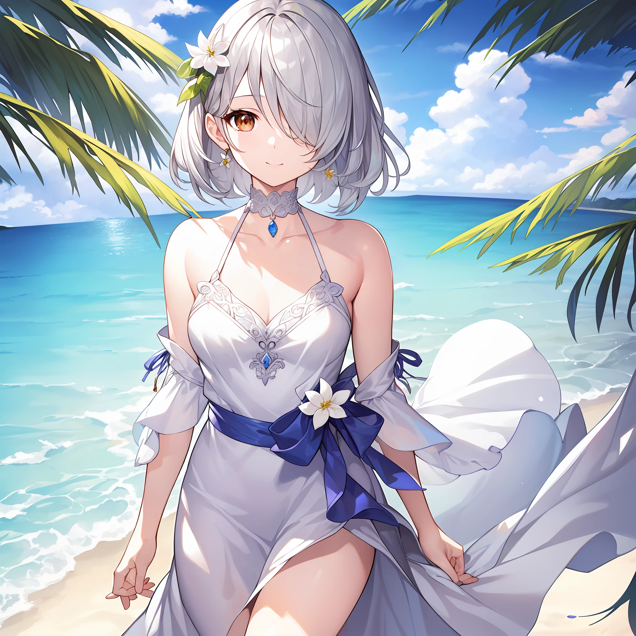 Super high quality illustrations、CG with attention to detail、God's Work、Cute Female Characters、breasts are small、Less exposure、Silver-haired shorthair、((completely hide one eye with hair))、Brown eyes、a choker、White magnolia flower hair ornament、White Dress、White sandy beach、the beach、Highly detailed official art