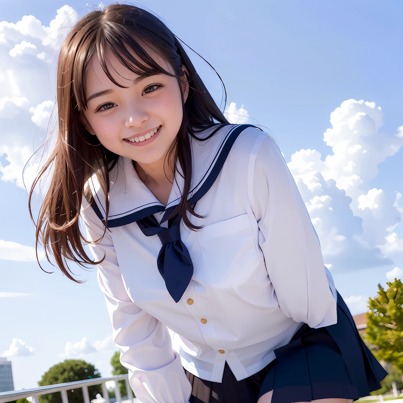 (8k, best quality, masterpiece: 1.2), (realistic, photorealistic: 1.37), super detailed, one girl, solo, cute, beautiful detailed sky, (smile: 1.2), (grin), beautiful detailed eyes, floating hair, (uniform: 1), stockings, full body, street, thin