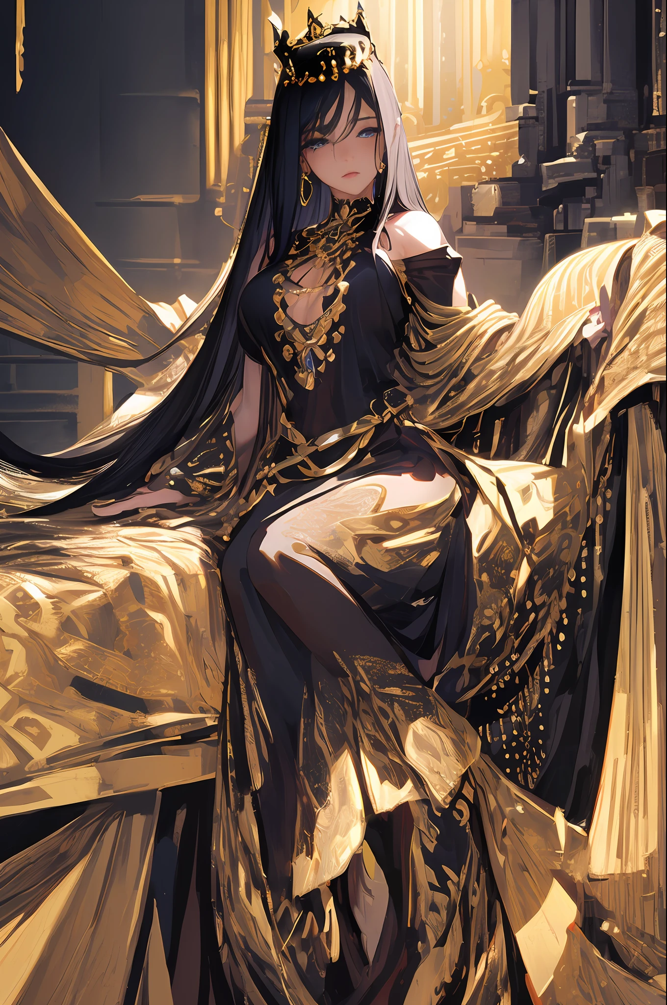 (​masterpiece、side lights、Beautiful Eyes of Details:1.2)、3D顔、realisitic、face perfect、A queen、His Majesty the Emperor、Black and Gold theme、full body Esbian