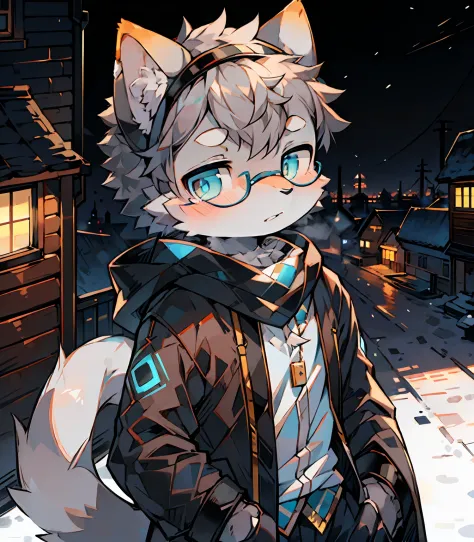 Highest image quality，A masterpiece，Delicate hands，finely-detailed eyes，Normal eyes，Gray cat ears，furry，Gray hair， Wear glasses，adolable，Handsome，（（White scarf）），Cat style，Shota，cyber punk perssonage, Blue pupil, city night scene, Gray hair, By bangs，Dappl...