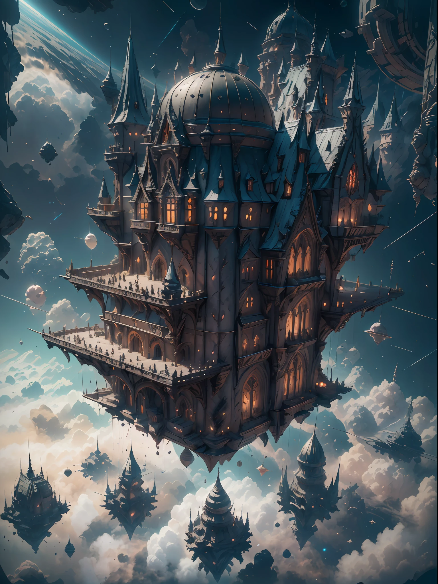 (1 dark Gothic castle - sculpture - castle:1.4)+((Detailed dark Gothic style castle - sculpture - castle floating above the clouds) ，(no gravity:1.3) (Some blood flew out from under the crystal sculpture castle)), (Intricate details:1.2),fantasy, Dark fairytale world,Light leakage, Detailed details glow,(Ray tracing),(Realistic:0.7), (3D:0.7), (OC renderer:0.7), BEST lighting, Masterpiece, Stunning, Super detailed, Highest quality, Uniform 8K wallpaper,Building