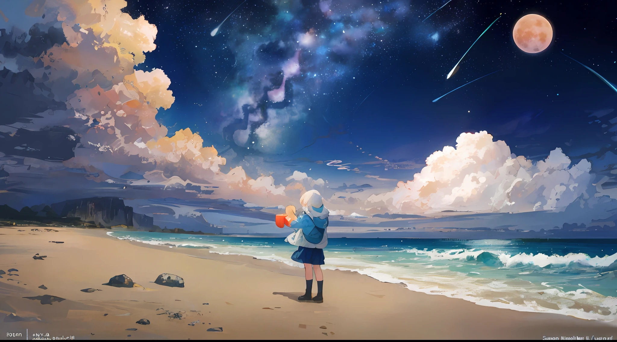 Landscape photos (seen from below, sky above, sea below), girl standing on a sandy beach looking up (full moon: 5.0), (meteor: 0.9), (nebula: 1.3), many different planets in the sky.