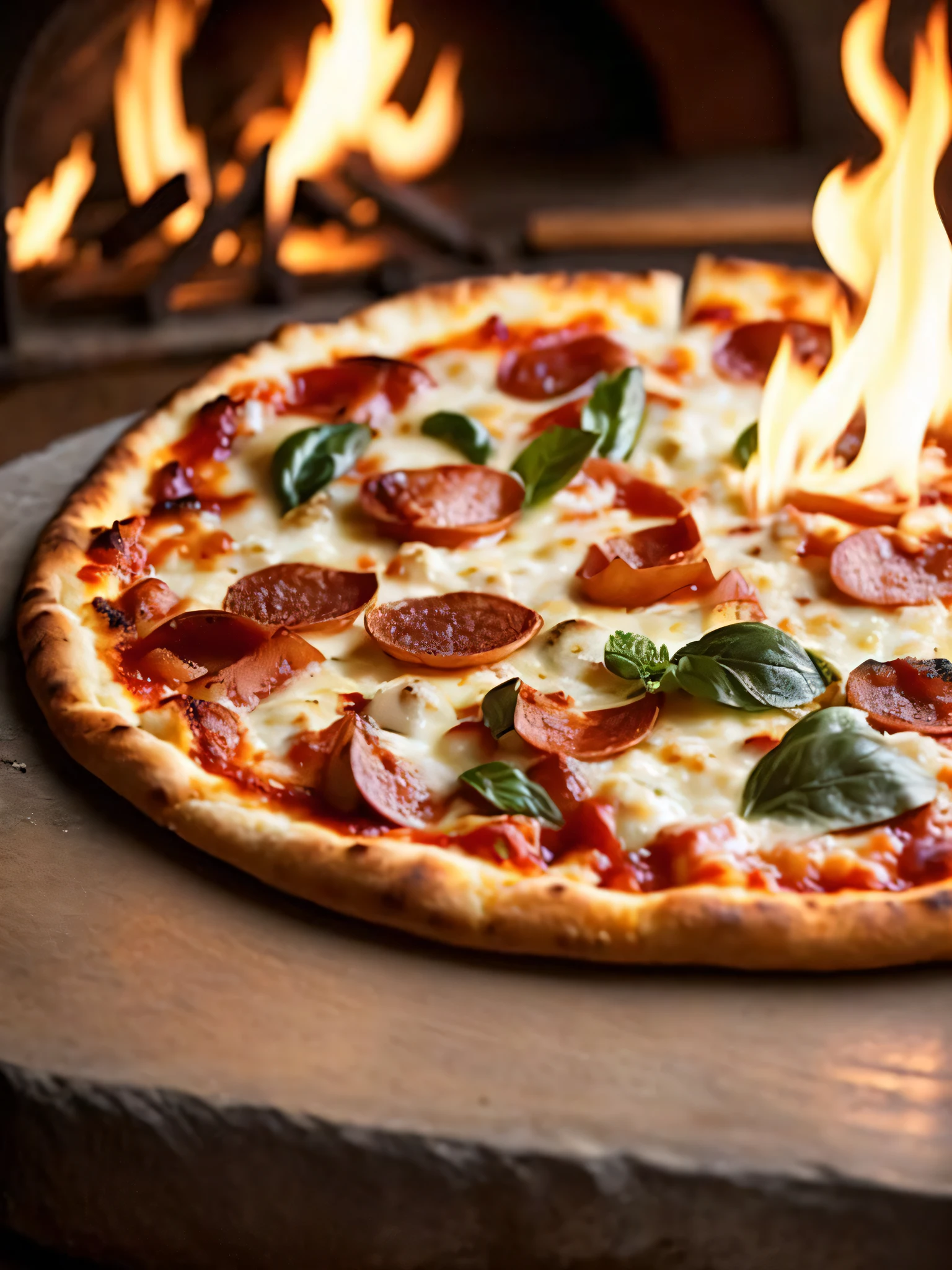 Macro photo of a slice of delicious pizza in front of a stone oven, fire oven, light it fire, food photography, advertising photography, macro crisp quality, warm colors, soft light, extremely detailed, beautiful, establishing shot, artistic, hyperrealistic, octane render, cinematic lighting, dramatic lighting, masterpiece, light brazen, extremely detailed