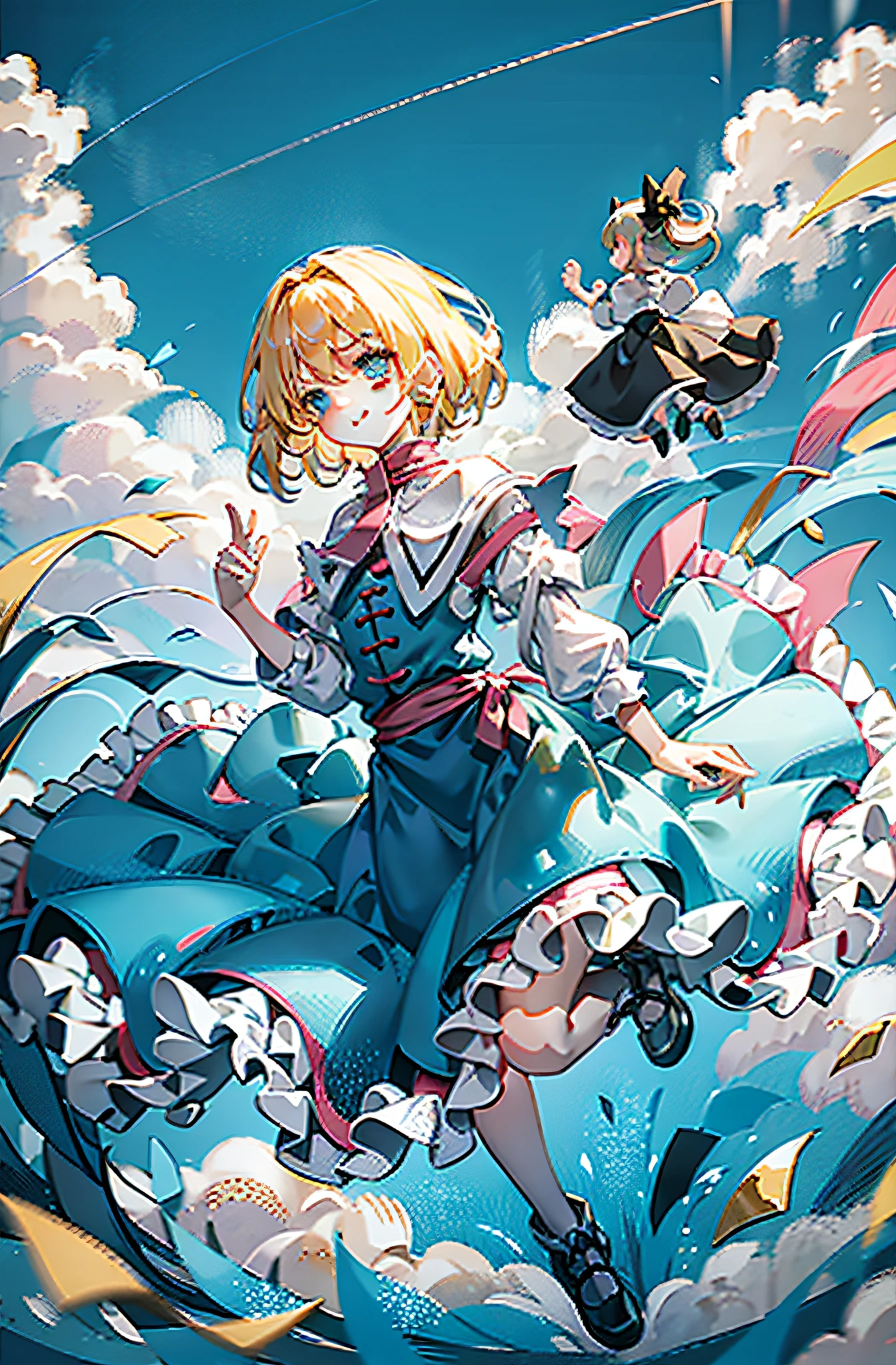 Alice of the Incredible Land Floating in the air Blue sky and white clouds Wearing black silk Blonde hair 11 years old cute young girl Floating next to three dolls Smiling Empty-handed Five fingers on each hand