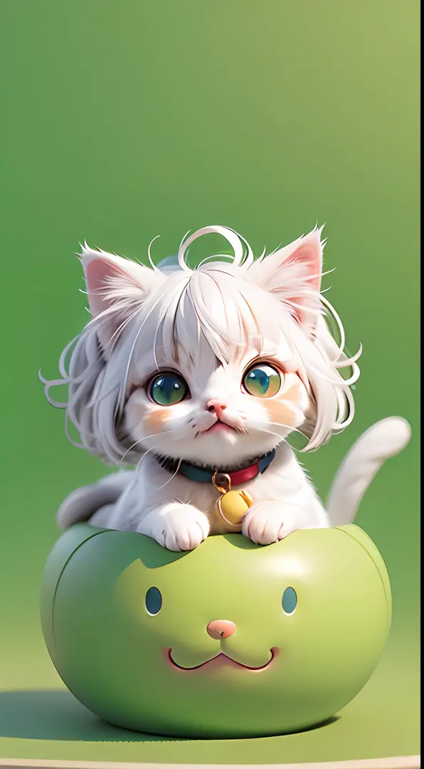 A white-haired kitten，adolable，spherical，cleanness，afloat，shaggy，Big eyes，Non-human，In the green one，Simple，ssmile，Funny，Morandi...