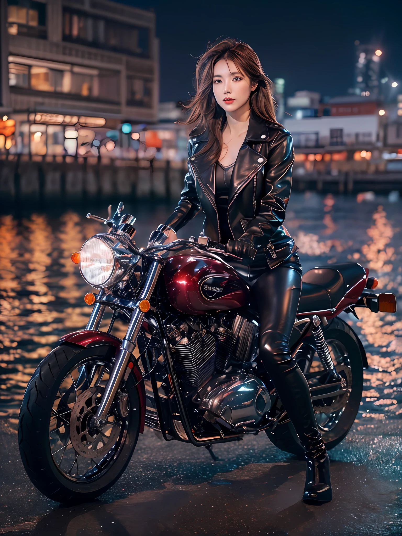 (桌上), 全身照, 整辆摩托车的照片, 日本的可爱年轻女子, 在码头骑一辆老式传统闪亮的金属银色摩托车, 迷人的造型, 齐肩闪亮柔顺的浅棕色头发, 穿着黑色皮革骑行夹克, 骑行夹克下的亮缎红色比基尼, 黑色皮革骑马手套, 黑色皮裤, 皮革黑色高跟长靴, 凝视海上夜景, 绝对漂亮的脸蛋, 双眼皮, 自然妆容, 长长的睫毛, 光泽的嘴唇, 8k 分辨率, 高细节, 详细的发型, 细致的脸部, 黑眼睛, 优雅的, 史诗, 电影灯光, 辛烷值渲染, 充满活力, 超现实主义, 白皙的皮肤, 完美的四肢, 完美的解剖结构