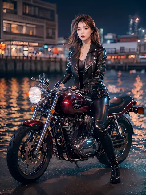 (masutepiece), Full body shot, photo of the whole motorcycle, Cute young woman in Japan, Ride an old traditional shiny metallic silver motorcycle at the wharf, glamorous shape, shoulder length shiny smooth light brown hair, Wearing a leather black riding j...
