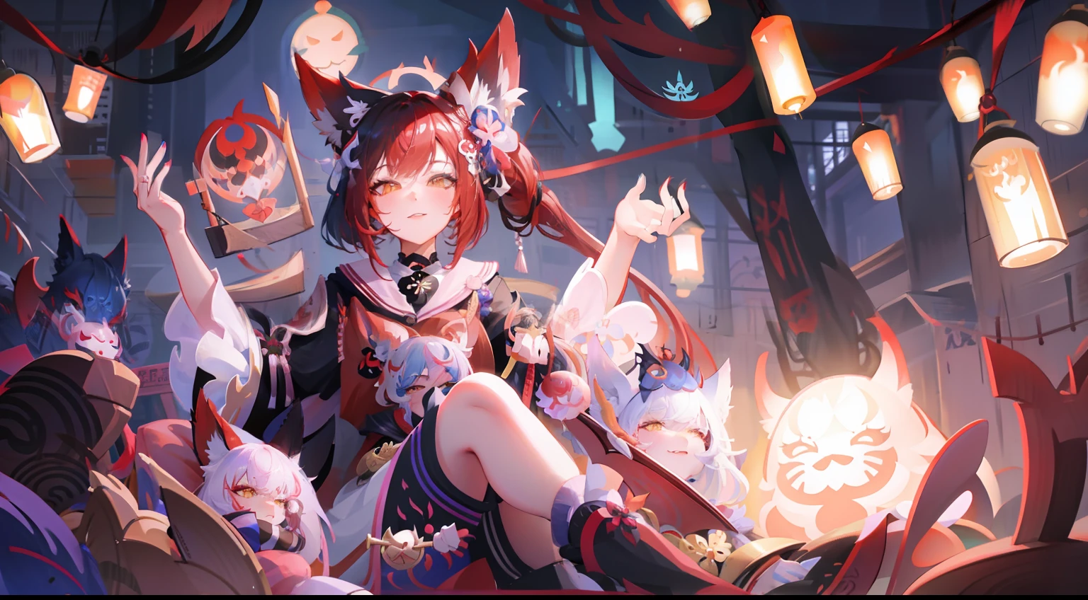 a woman in a red and white outfit sitting on a table with a lantern, ahri, onmyoji detailed art, akali, onmyoji, portrait of ahri, onmyoji portrait, ahri from league of legends, kda, fox nobushi, rossdraws sakimimichan, irelia, from league of legends