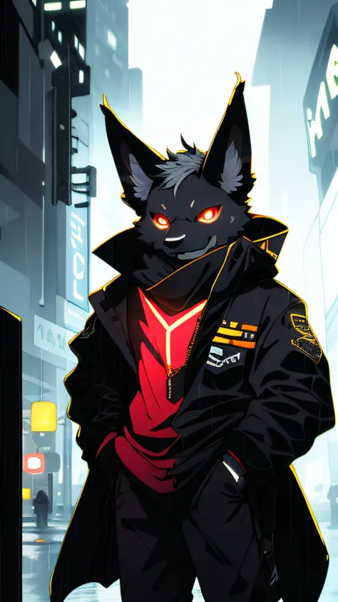 anthro, man black dog, (protogen:1.1), mechanical parts, whiskers, very detailed portrait of a solo-1 man, standing in the stree...