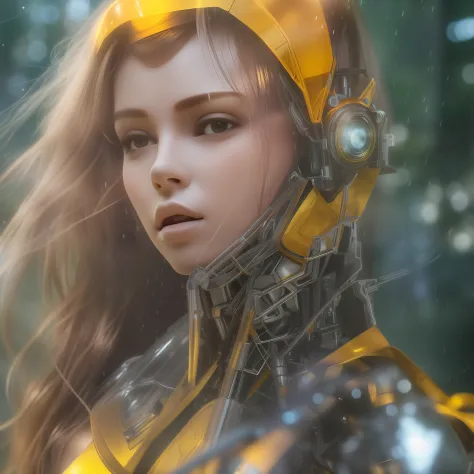 Girl wearing sexy transparent plastic sci-fi mecha，HD close-up of face，with fair skin，yellow long hair，Textured skin，The face is...