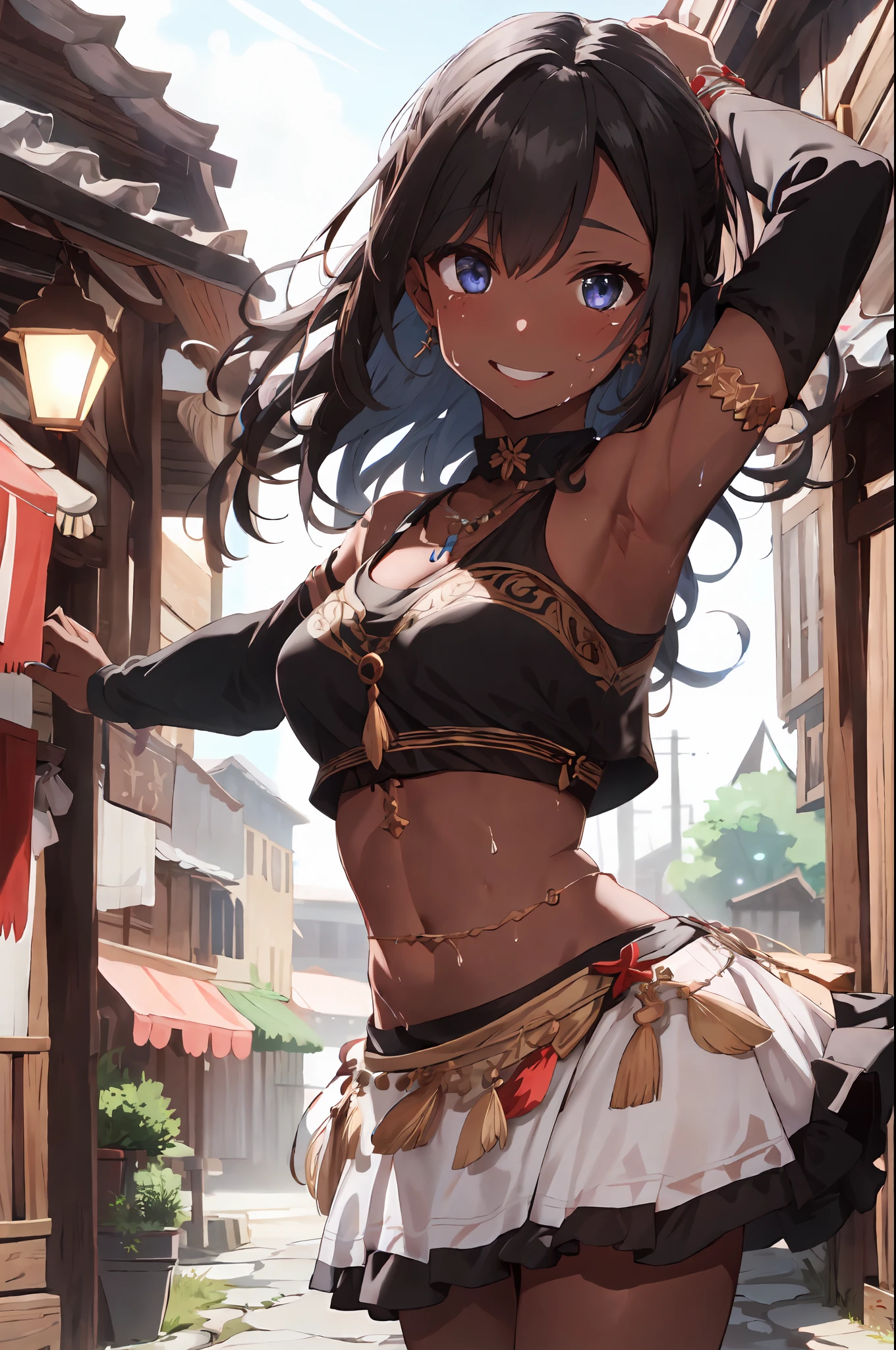 (masterpiece:1.2), (best quality:1.2), perfect eyes, perfect face, perfect lighting, 1girl, mature female dancing in a tavern, long hair hair, (dark-skinned:1.3), dnc_glam, silk, jewelry, fantasy, detailed background, smiling, heavy breathing, sweating