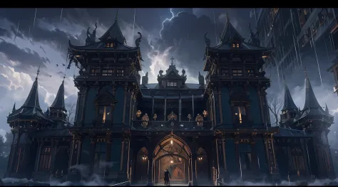 Dark, raiden, downpours, The magnificent castle of the towering Dracula, Spooky wrought iron doors, Magnificent epic luxury cast...