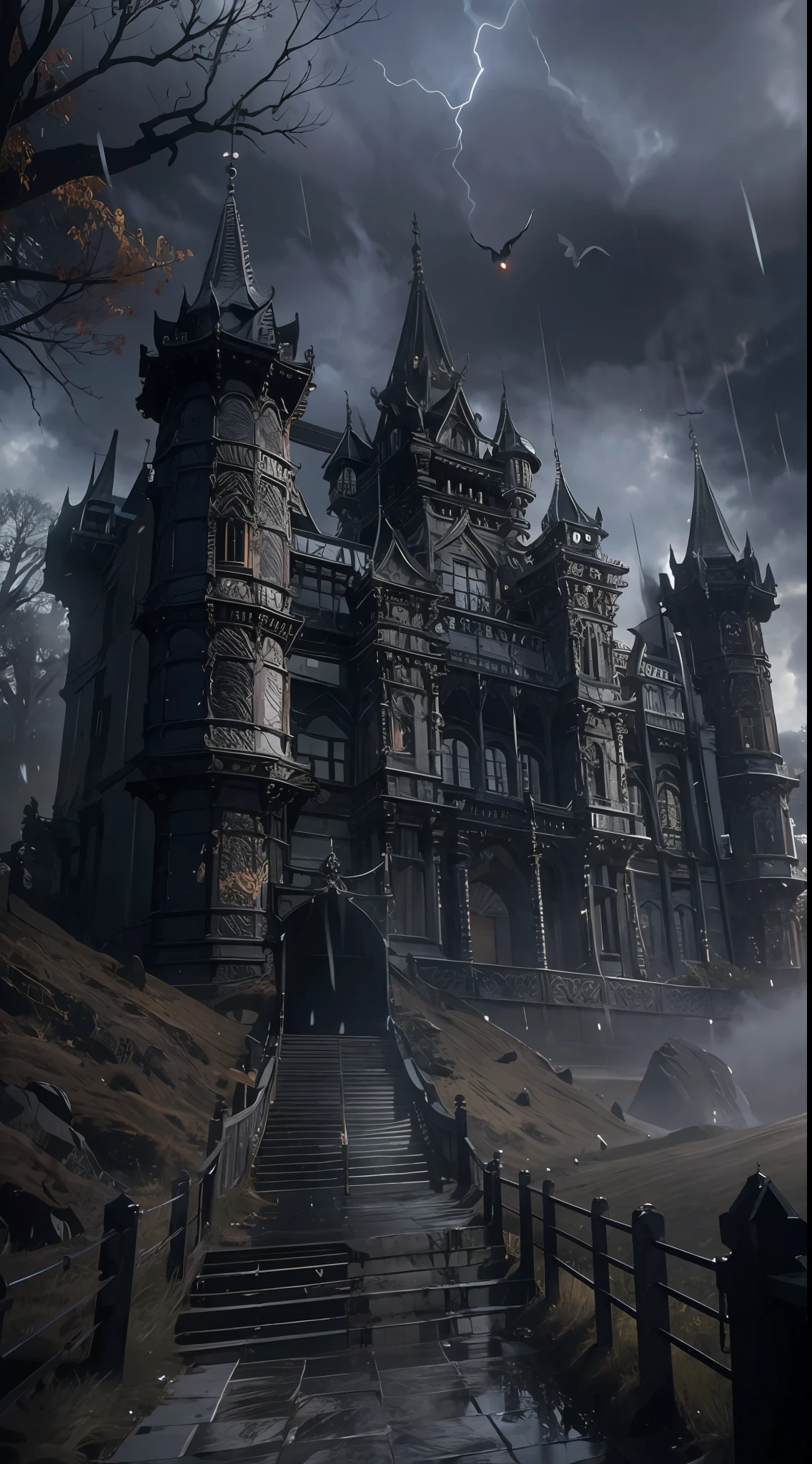 Dark, raiden, downpours, Dracula's ornate castle,,Magnificent epic luxury castle, The ghostly castle wrought iron gates，Vampire relief on castle walls，Dappled walls，Delicate details, the bats, thin fog, The back of the figure outside the door, Shoot the lens at a low angle, Gothic art, projected inset, Wide shot, hyper HD, Masterpiece, Textured skin, Super detail, High details, High quality, Award-Awarded, Best quality, A high resolution, 8K，shot from a far distance