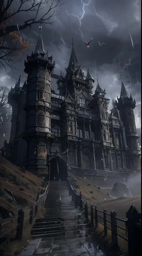 Dark, raiden, downpours, Dracula's ornate castle,,Magnificent epic luxury castle, The ghostly castle wrought iron gates，Vampire relief on castle walls，Dappled walls，Delicate details, the bats, thin fog, The back of the figure outside the door, Shoot the le...