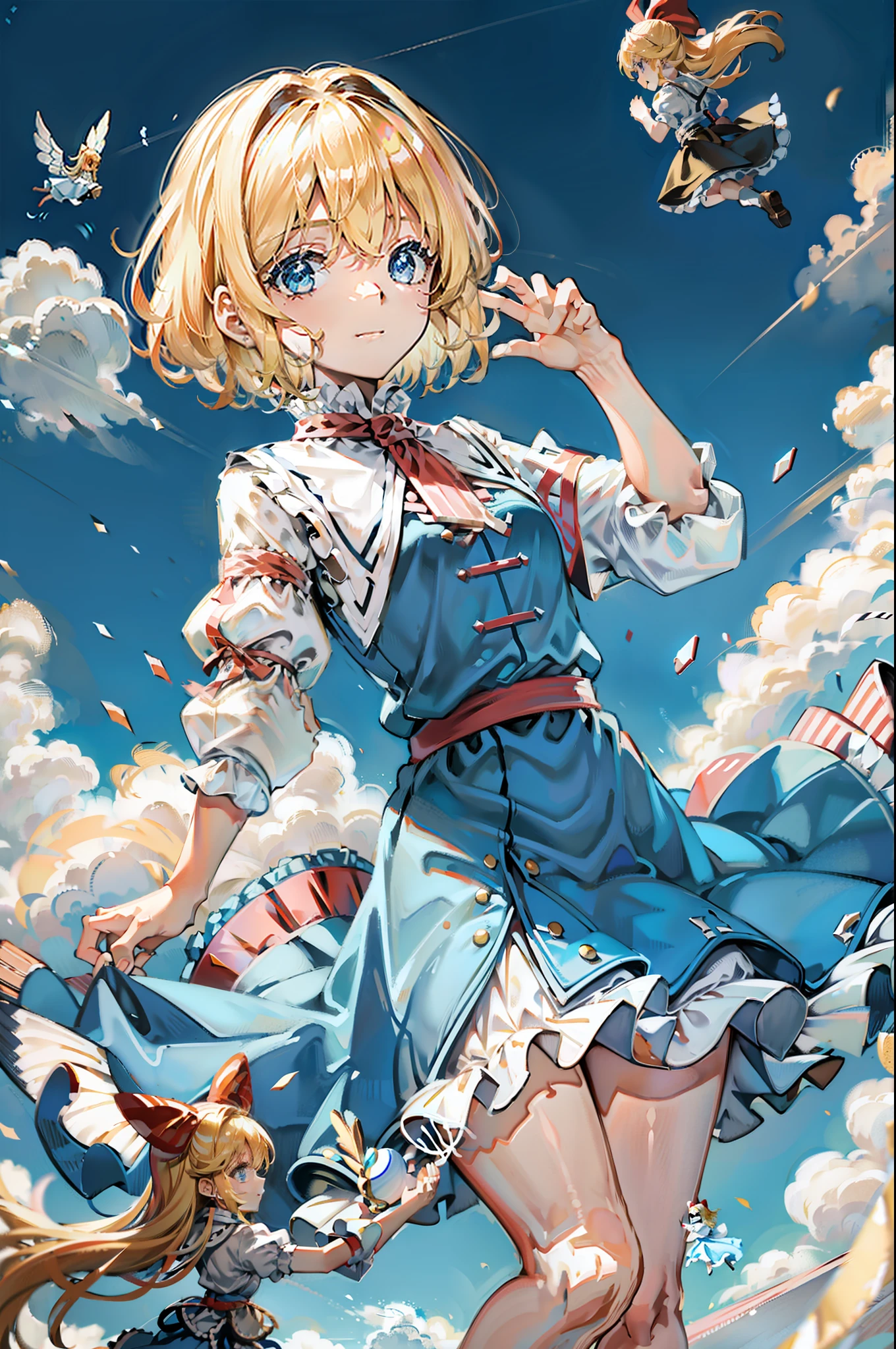 Alice of the Incredible Country Floating in the air Blue sky and white clouds Blonde 11-year-old cute young girl Three dolls floating around her Dolls for blonde hair Smile Empty-handed Five fingers per hand Two legs The skirt fluttered slightly