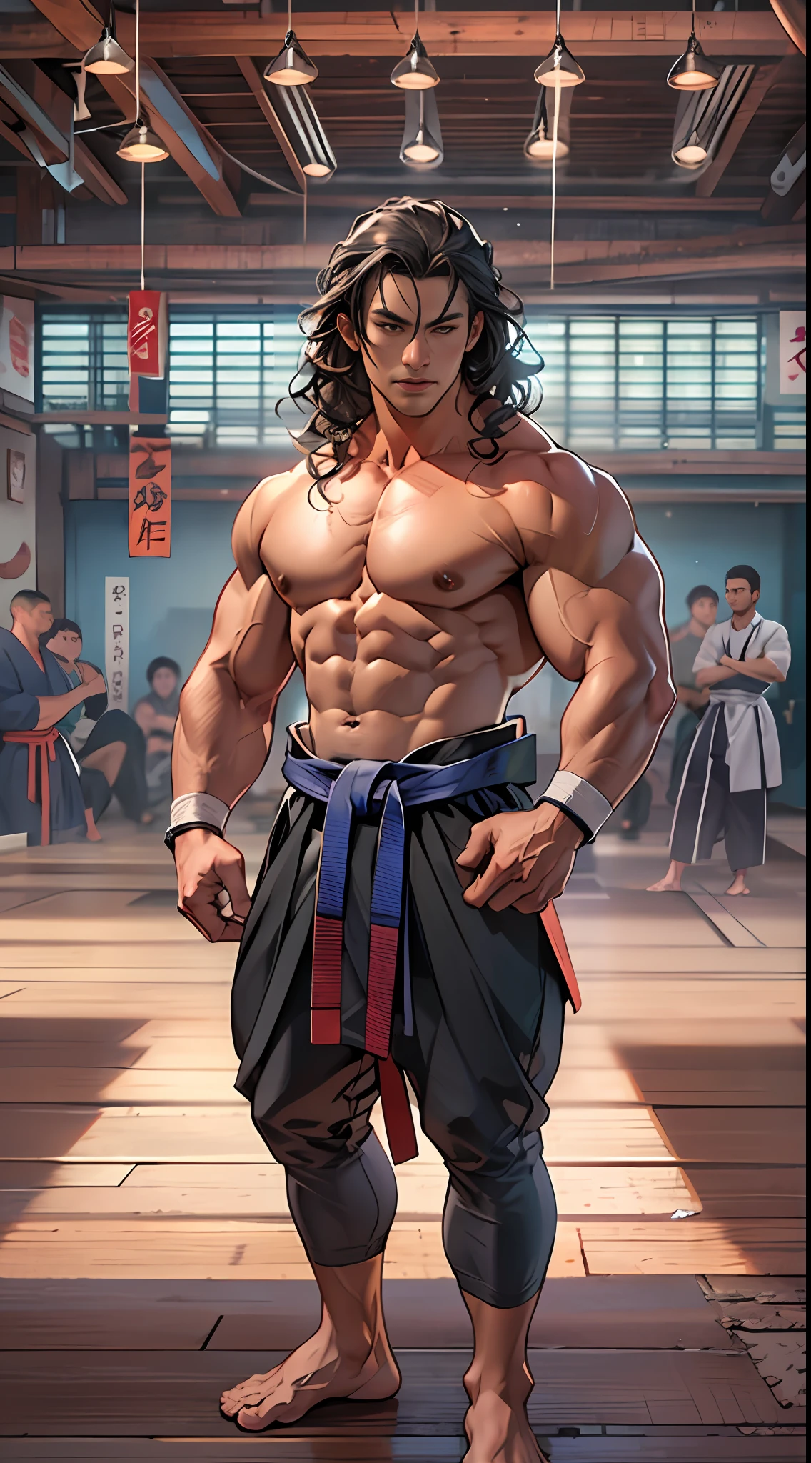 Mighty fighter, chest exposed, lower body unclothed from thighs to feet, flowing long curls, detailed muscular physique, photorealistic depiction, 4K resolution. Background: Martial arts dojo,32k uhd, best quality, masterpiece, super detail, high details