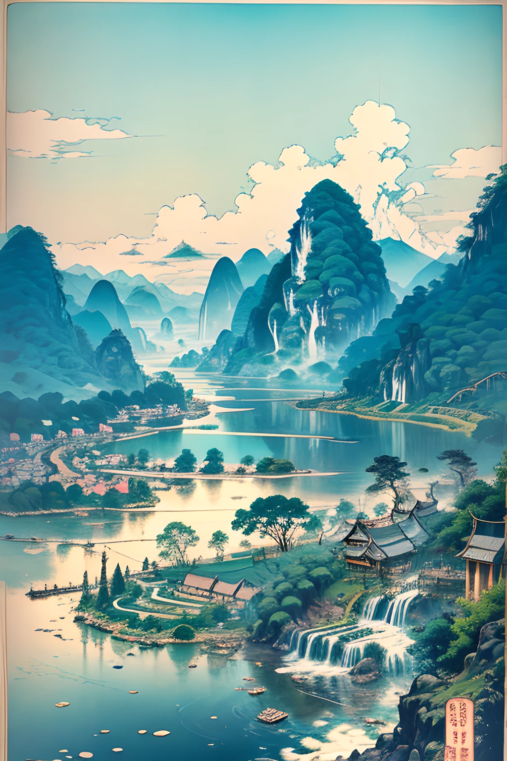 桂林, 广西，春天的早晨，大片蓝天俯瞰独立山峰，飘浮的白云，层层稻田，层叠梯田，湖面，，一种颜色，纹理，图案，精美的艺术版画